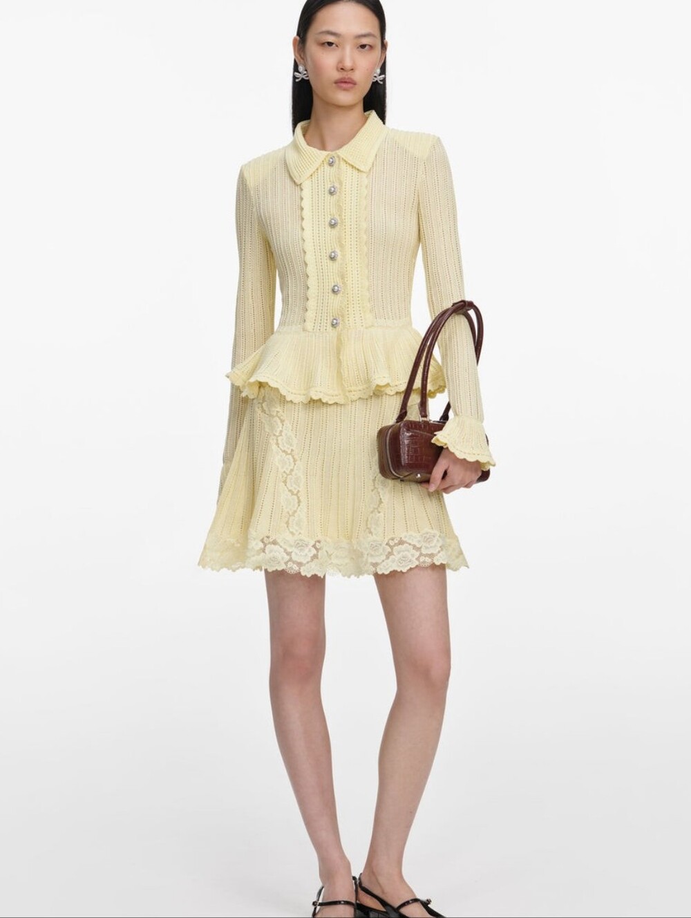 Self Portrait Yellow Pointelle Peplum Knit Mini Dress - Picture 1 of 7